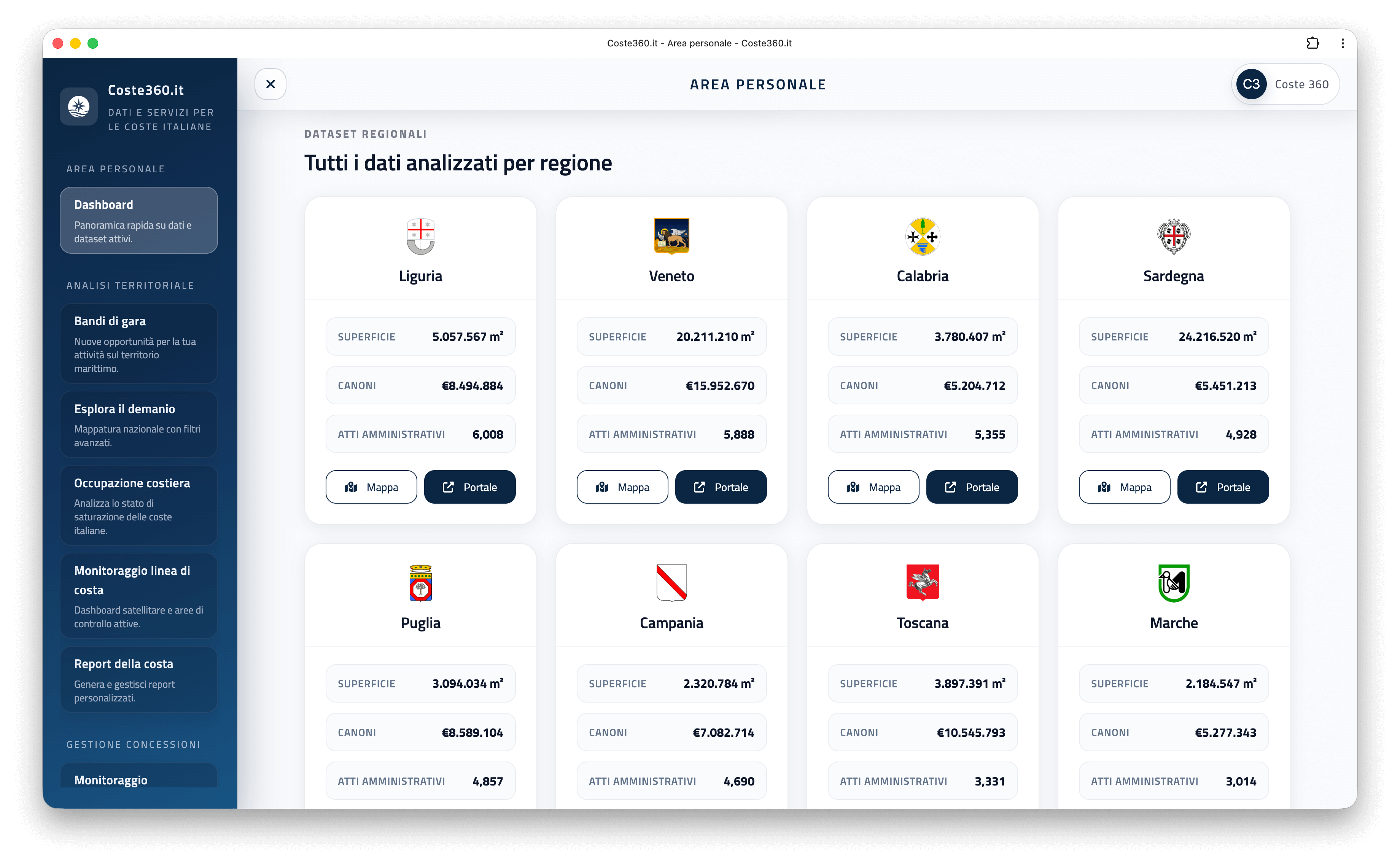 Dashboard Coste360.it: monitoraggio costa, concessioni e bandi