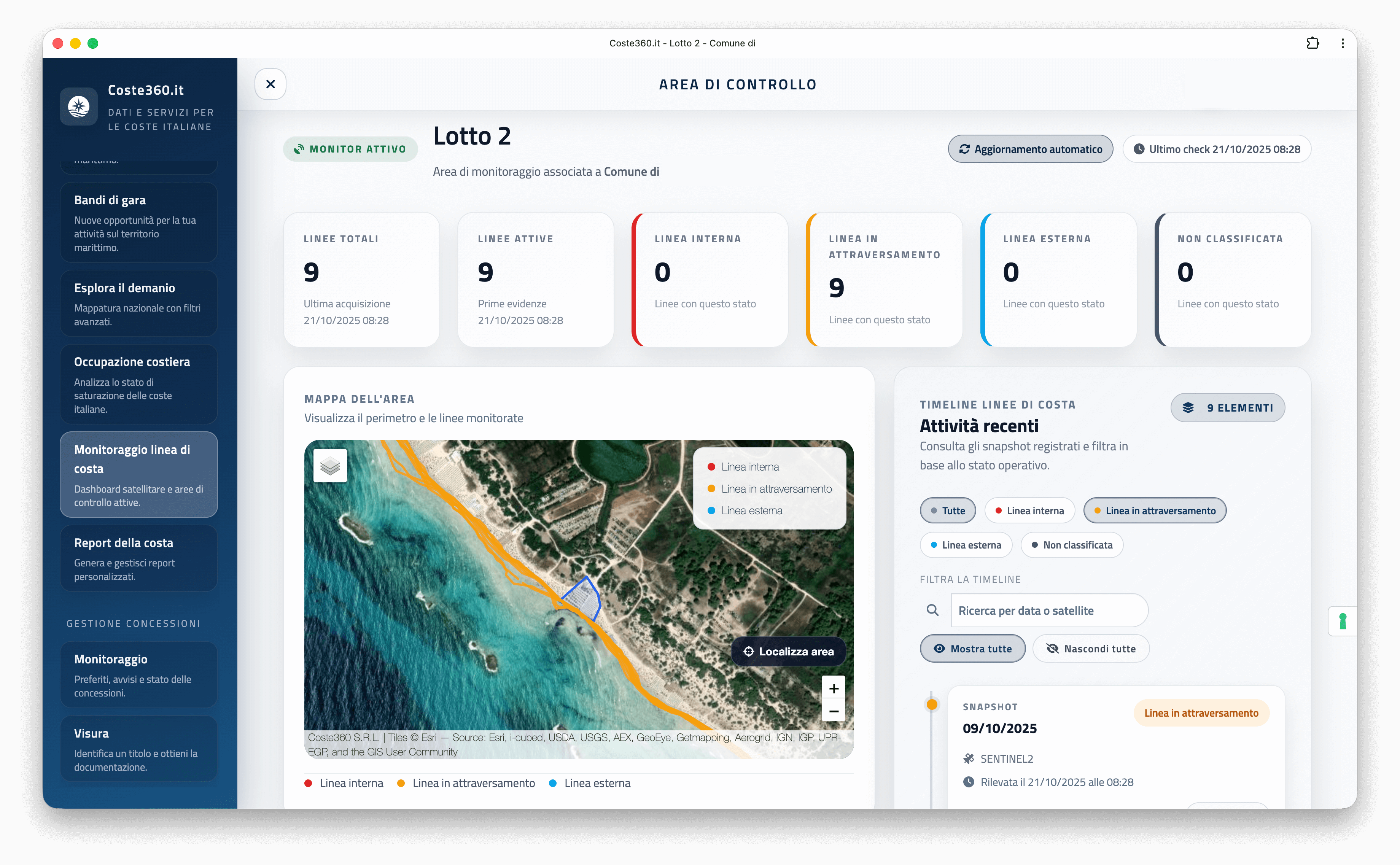 Monitoraggio lotti costieri: stati linea interna, in attraversamento, esterna
