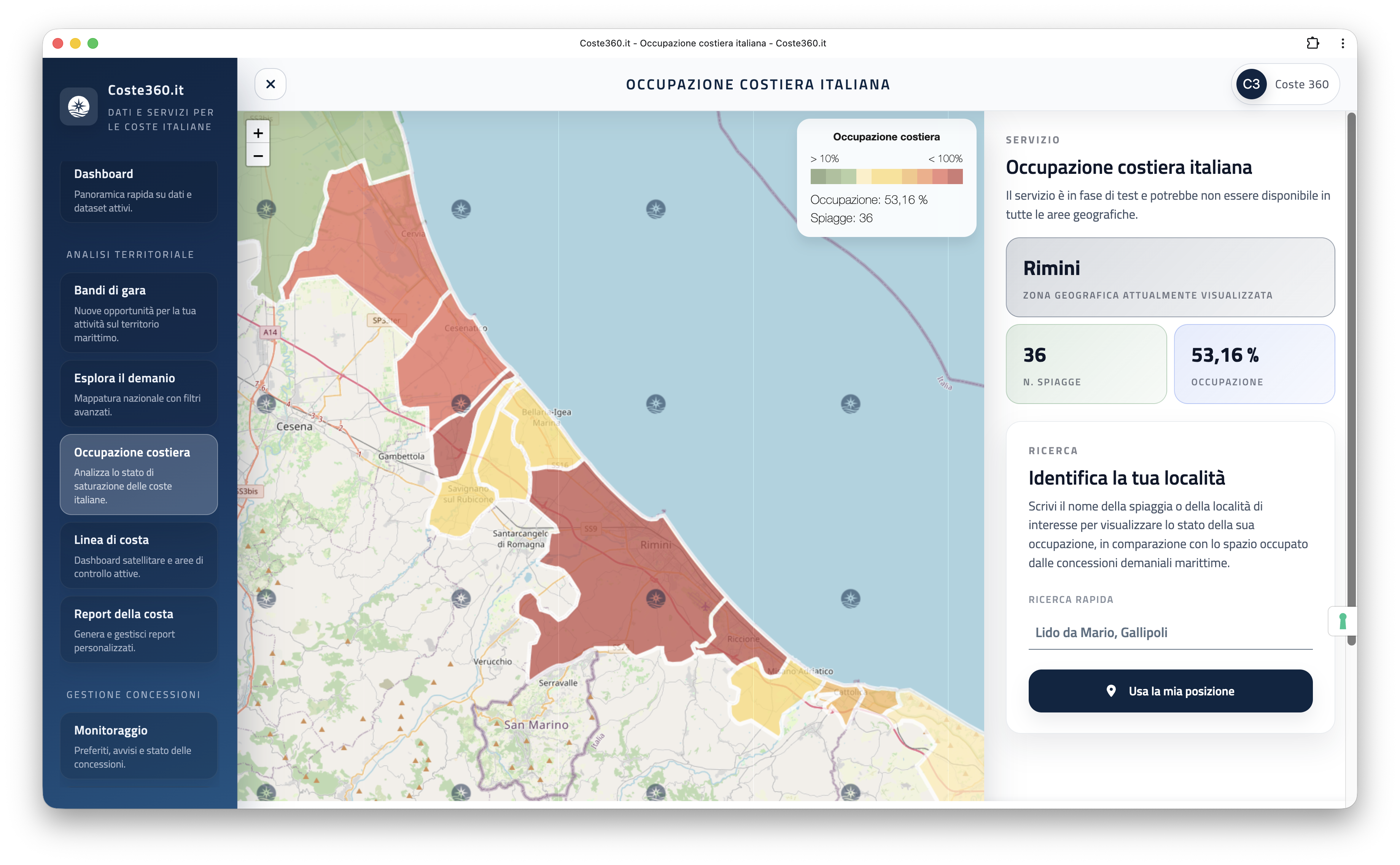 Coste360: analisi occupazione costiera su mappa