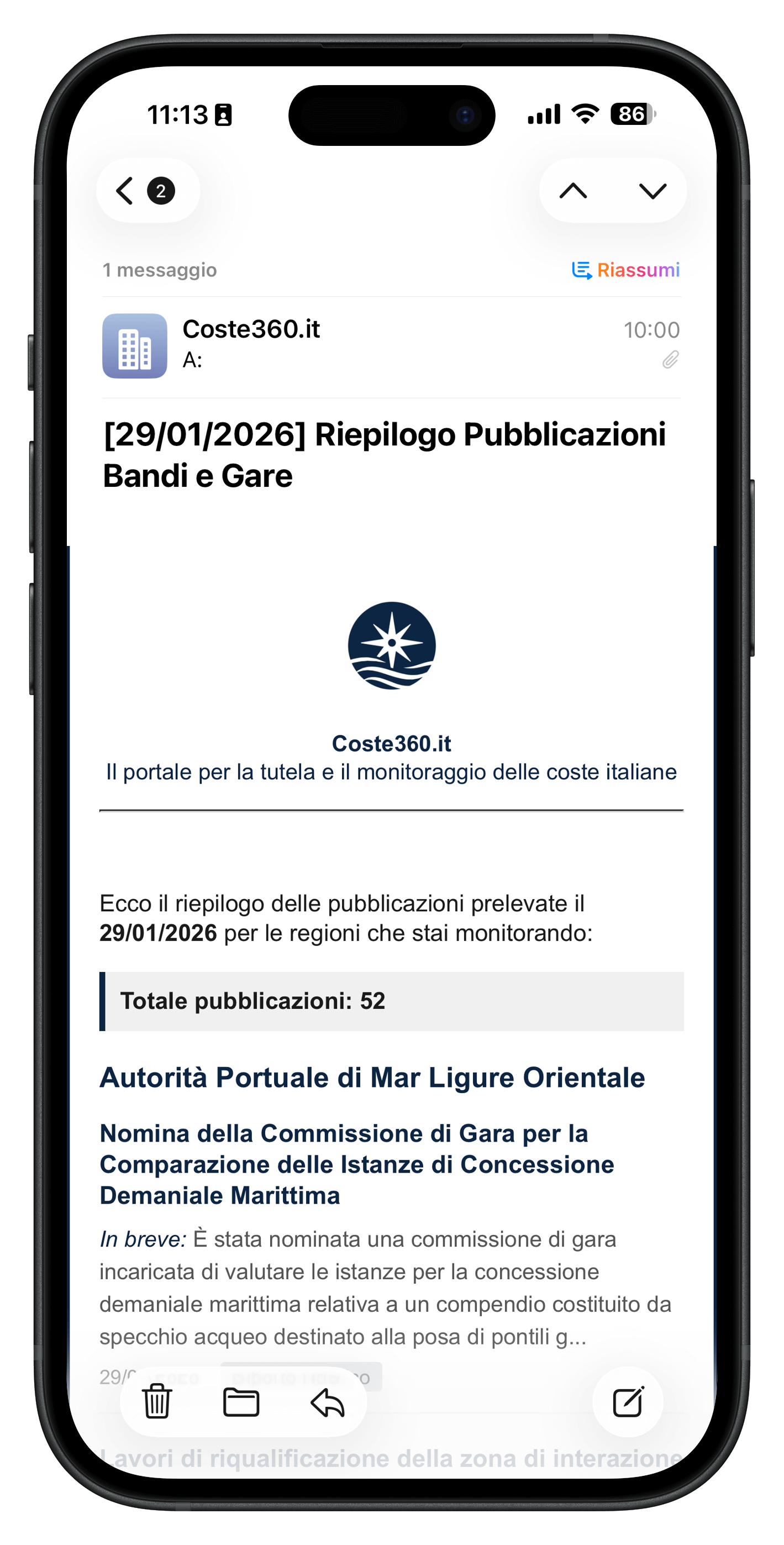 Esempio email riepilogo bandi e gare Coste360